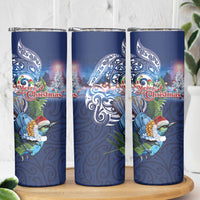 New Zealand Merry Christmas Skinny Tumbler Maori Tribal Pattern with Xmas Tui Bird LT03 - Polynesian Pride