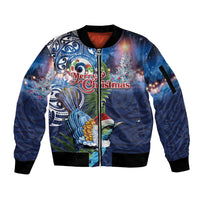 New Zealand Merry Christmas Sleeve Zip Bomber Jacket Maori Tribal Pattern with Xmas Tui Bird