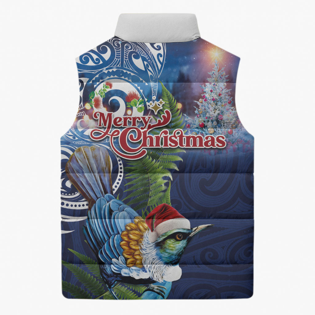 New Zealand Merry Christmas Sleeveless Puffer Jacket Maori Tribal Pattern with Xmas Tui Bird
