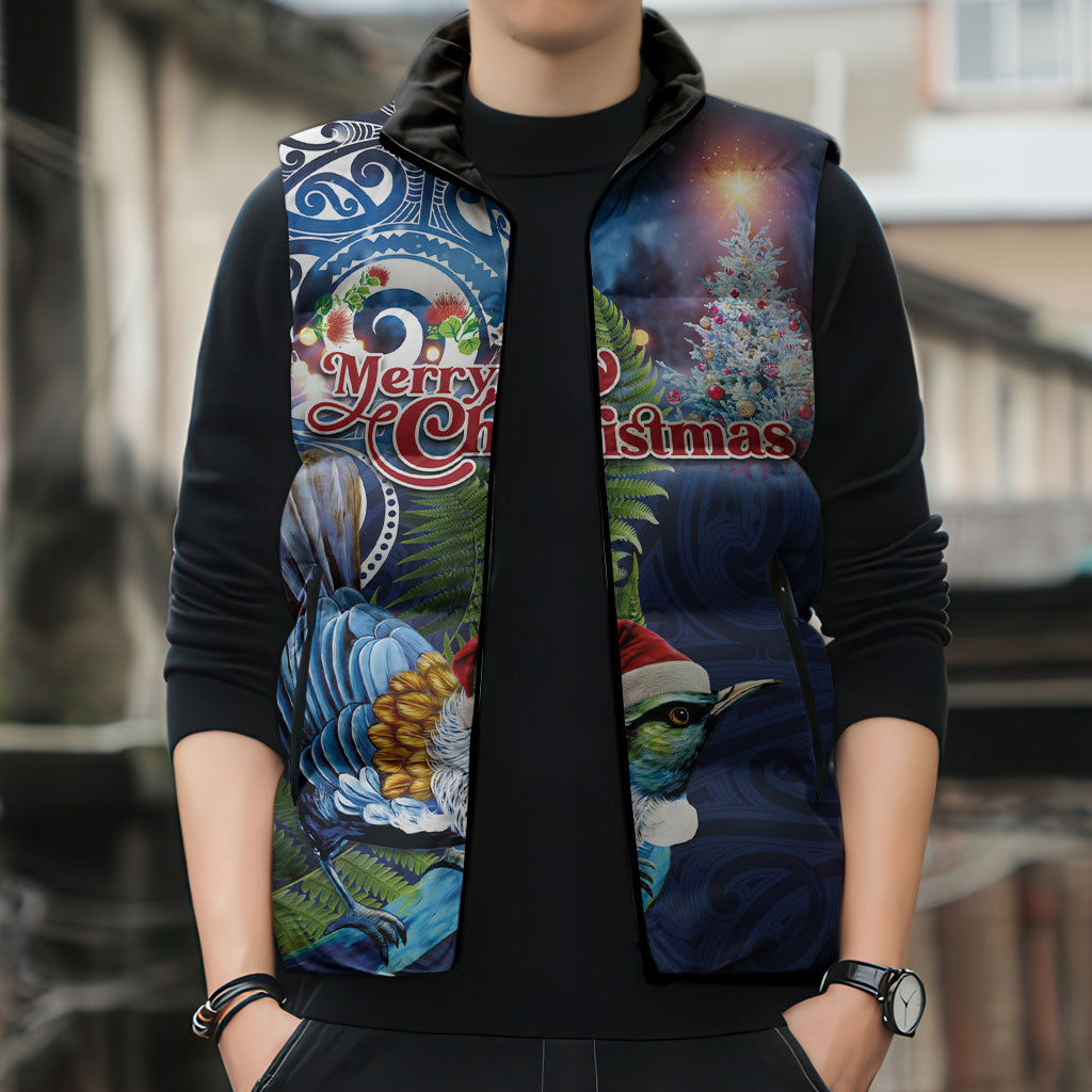 New Zealand Merry Christmas Sleeveless Puffer Jacket Maori Tribal Pattern with Xmas Tui Bird