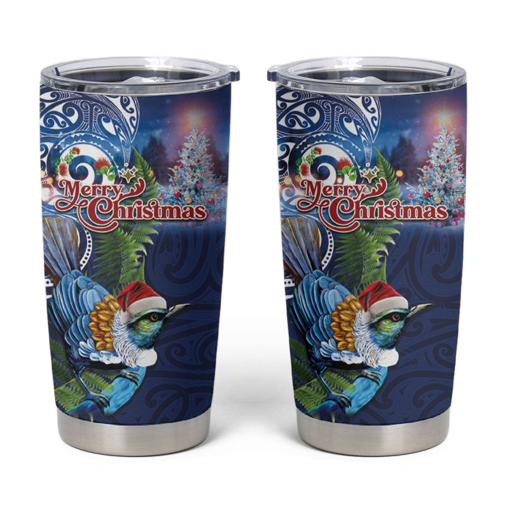 New Zealand Merry Christmas Tumbler Cup Maori Tribal Pattern with Xmas Tui Bird