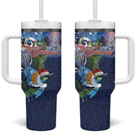 New Zealand Merry Christmas Tumbler With Handle Maori Tribal Pattern with Xmas Tui Bird LT03 One Size: 40 oz Multicolor - Polynesian Pride