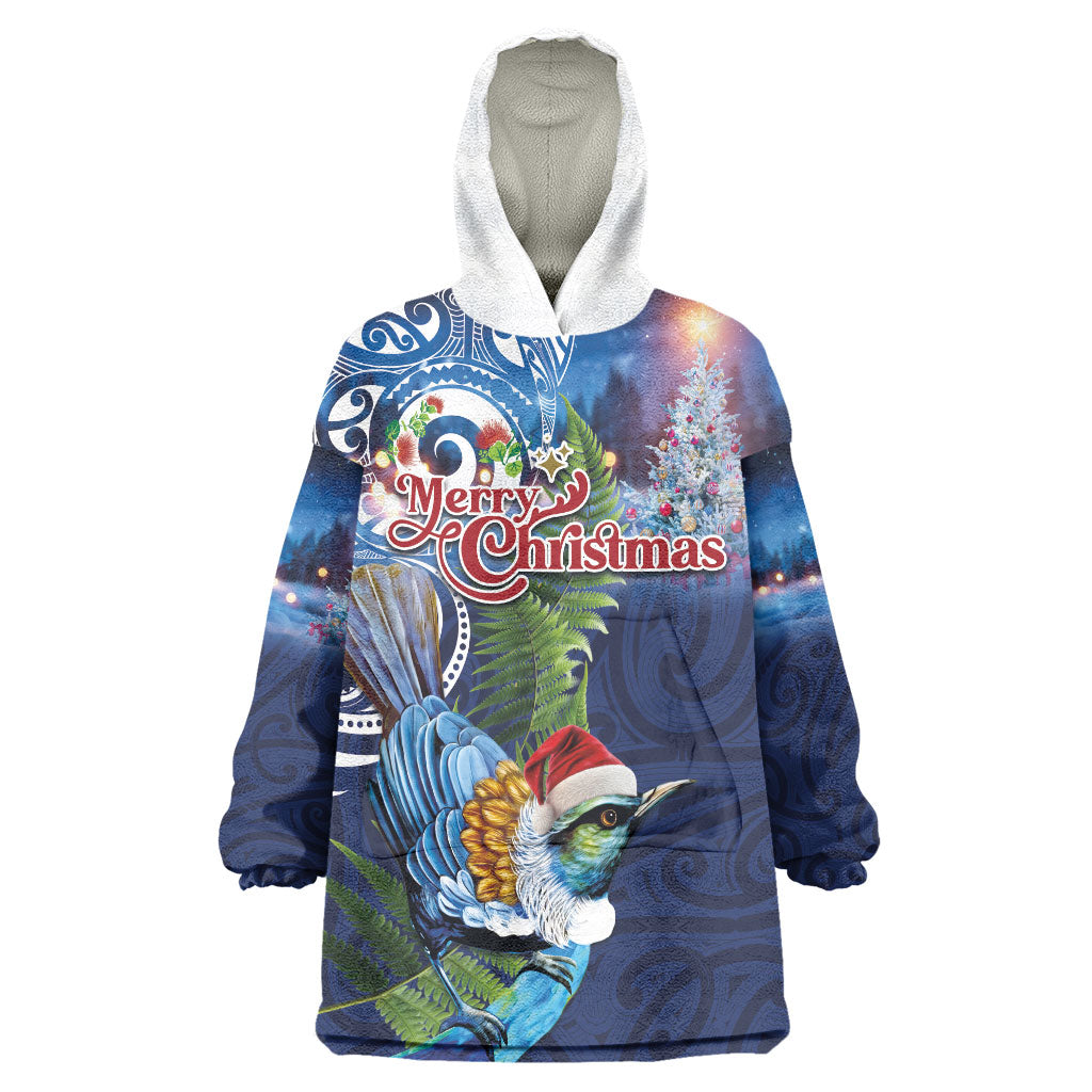 New Zealand Merry Christmas Wearable Blanket Hoodie Maori Tribal Pattern with Xmas Tui Bird LT03 One Size Multicolor - Polynesian Pride