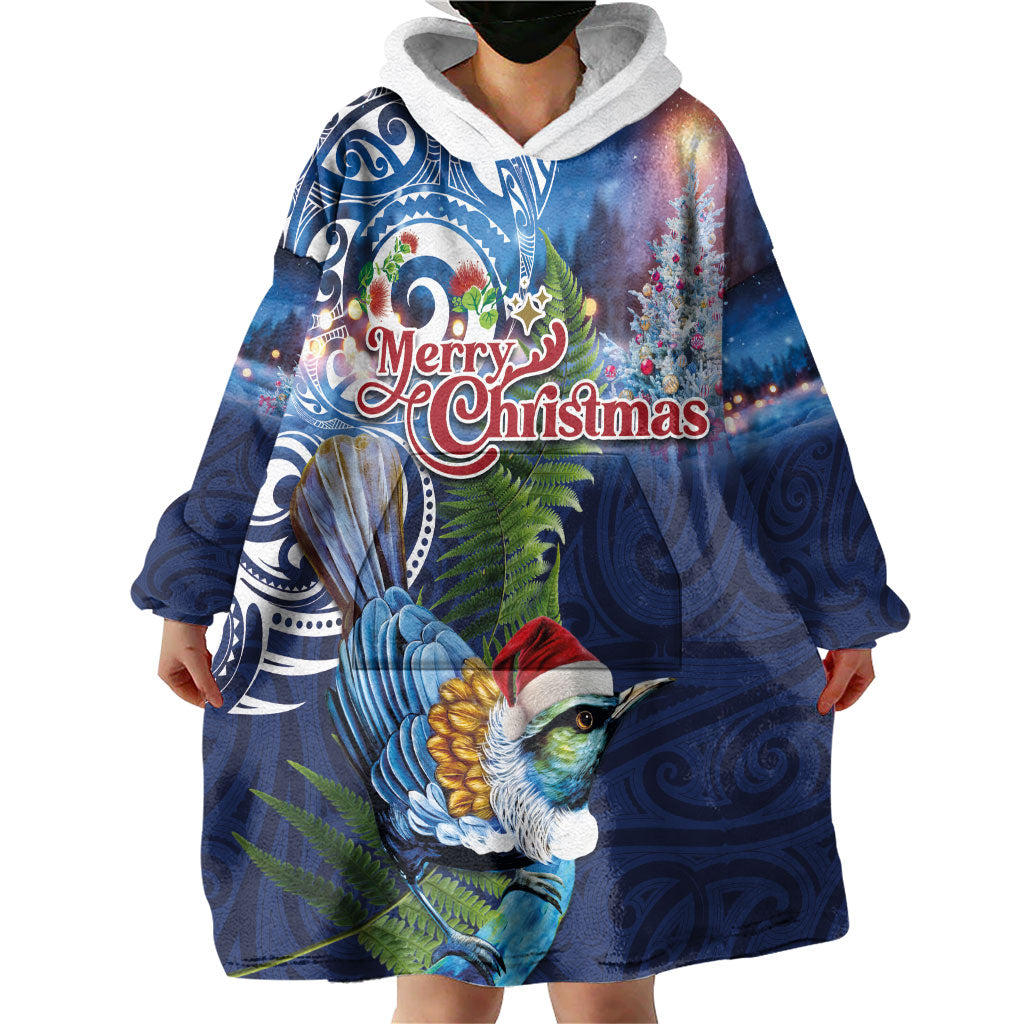 New Zealand Merry Christmas Wearable Blanket Hoodie Maori Tribal Pattern with Xmas Tui Bird LT03 - Polynesian Pride