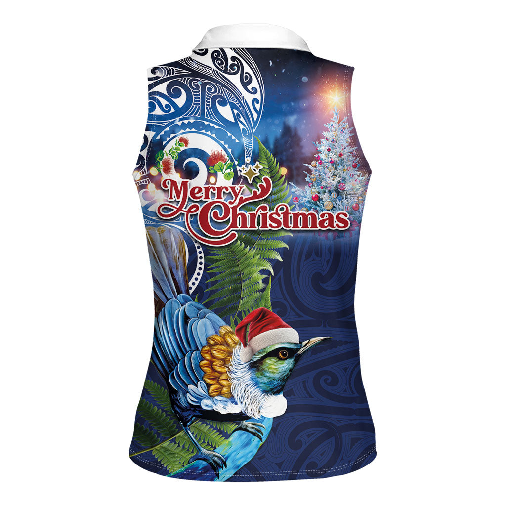 New Zealand Merry Christmas Women Sleeveless Polo Shirt Maori Tribal Pattern with Xmas Tui Bird LT03 - Polynesian Pride
