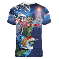New Zealand Merry Christmas Women V-Neck T-Shirt Maori Tribal Pattern with Xmas Tui Bird LT03 - Polynesian Pride