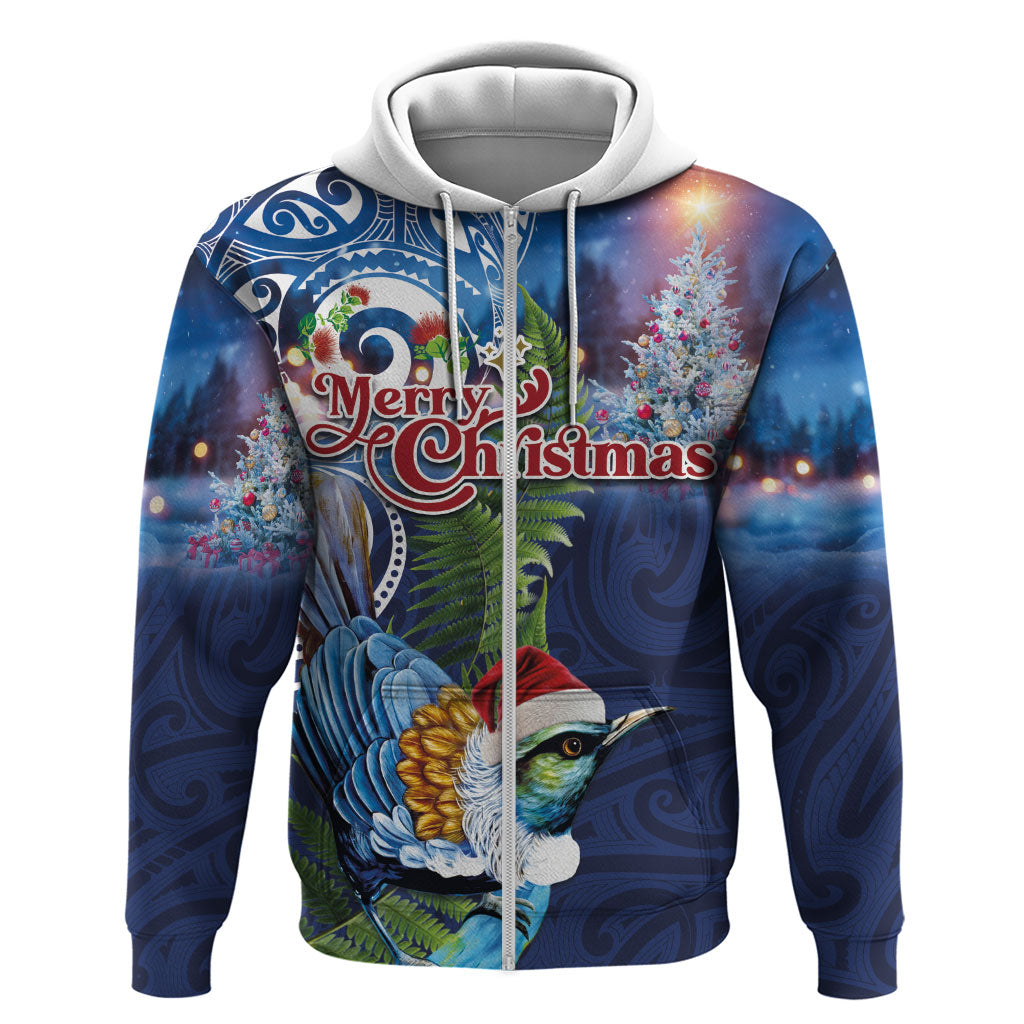 New Zealand Merry Christmas Zip Hoodie Maori Tribal Pattern with Xmas Tui Bird LT03 Zip Hoodie Multicolor - Polynesian Pride