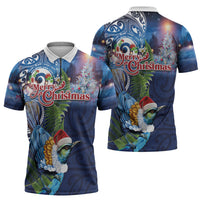 New Zealand Merry Christmas Zipper Polo Shirt Maori Tribal Pattern with Xmas Tui Bird LT03 - Polynesian Pride