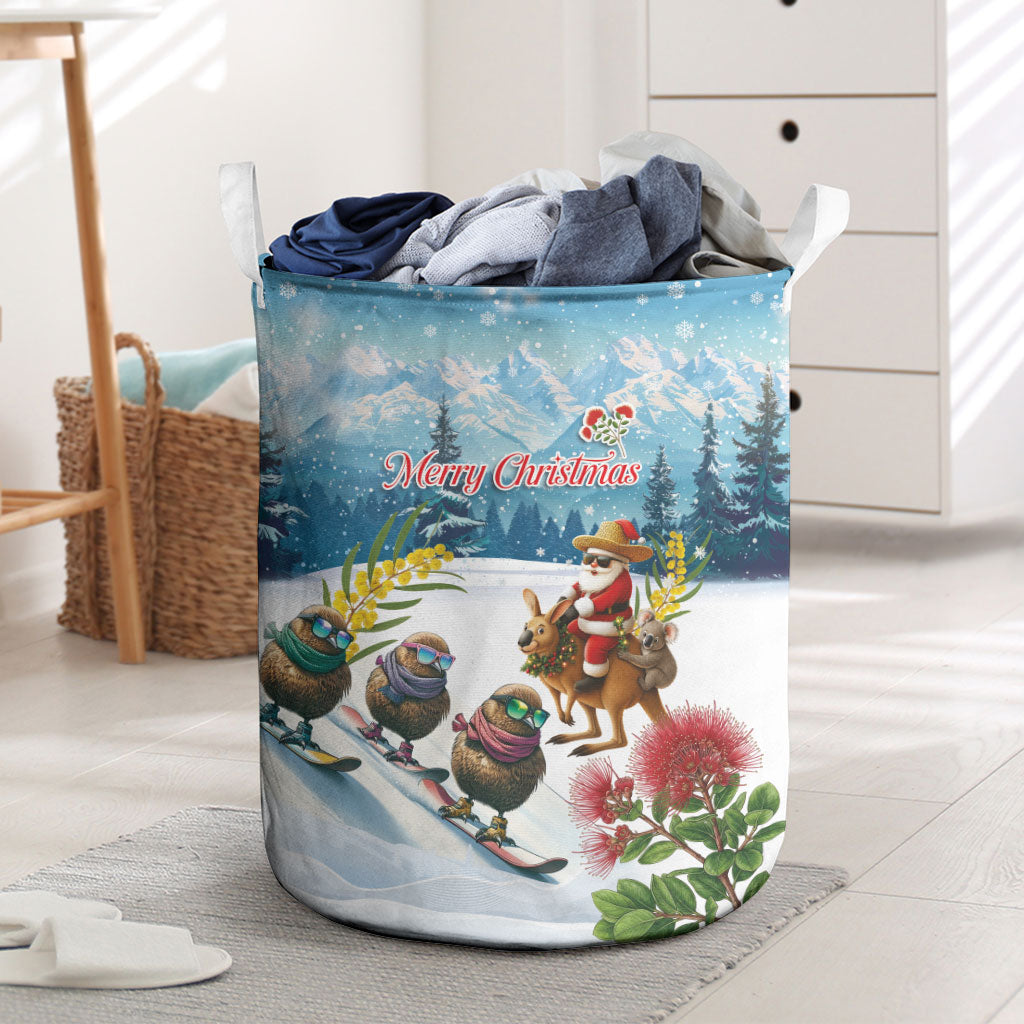 New Zealand and Australia Merry Christmas Laundry Basket Kiwi Birds Skiing and Koala Santa Riding Kangaroo