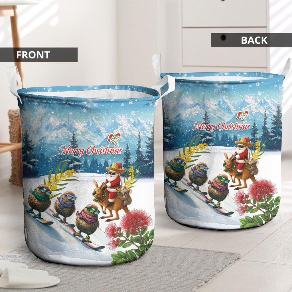 New Zealand and Australia Merry Christmas Laundry Basket Kiwi Birds Skiing and Koala Santa Riding Kangaroo LT03 - Polynesian Pride