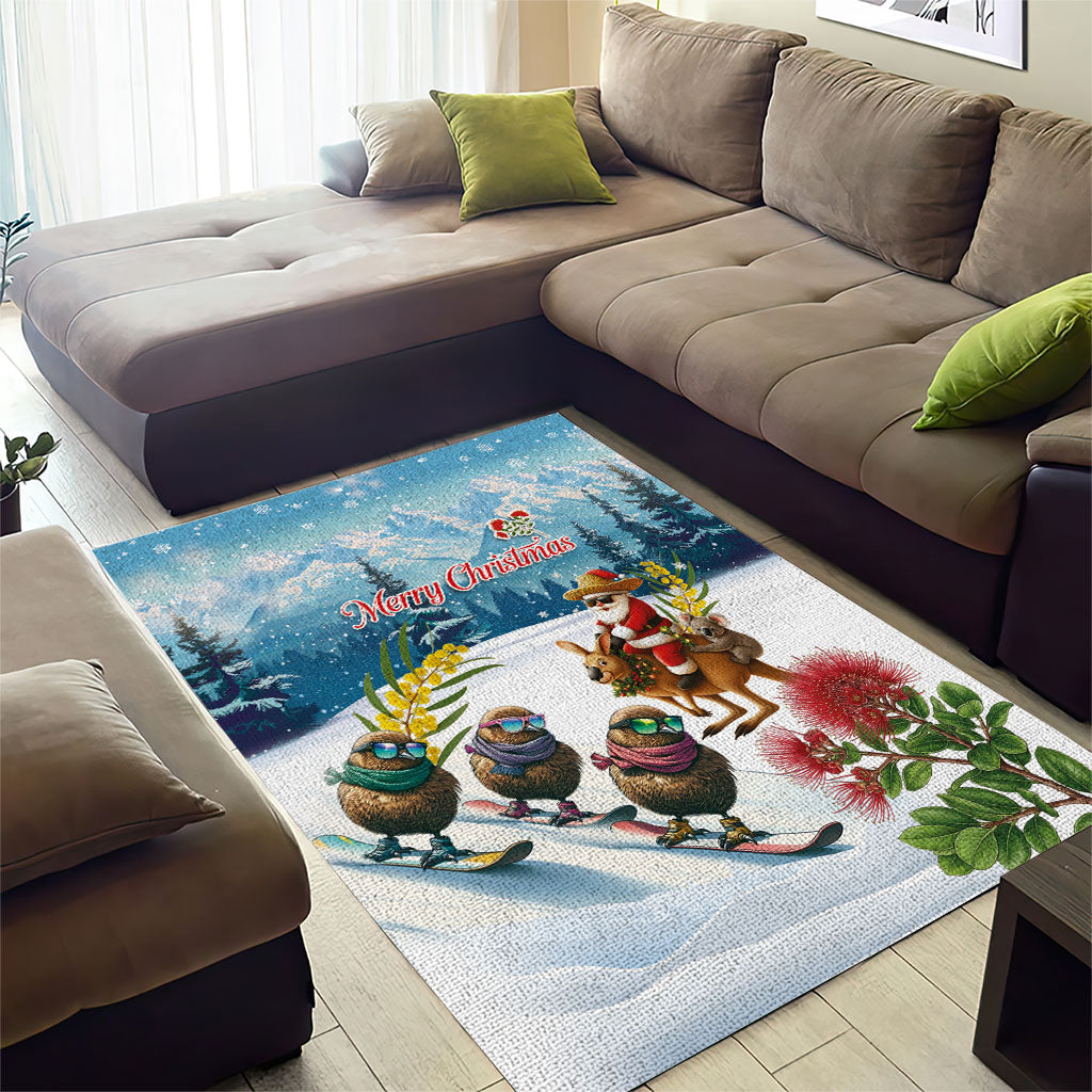 New Zealand and Australia Merry Christmas Area Rug Kiwi Birds Skiing and Koala Santa Riding Kangaroo LT03 - Polynesian Pride