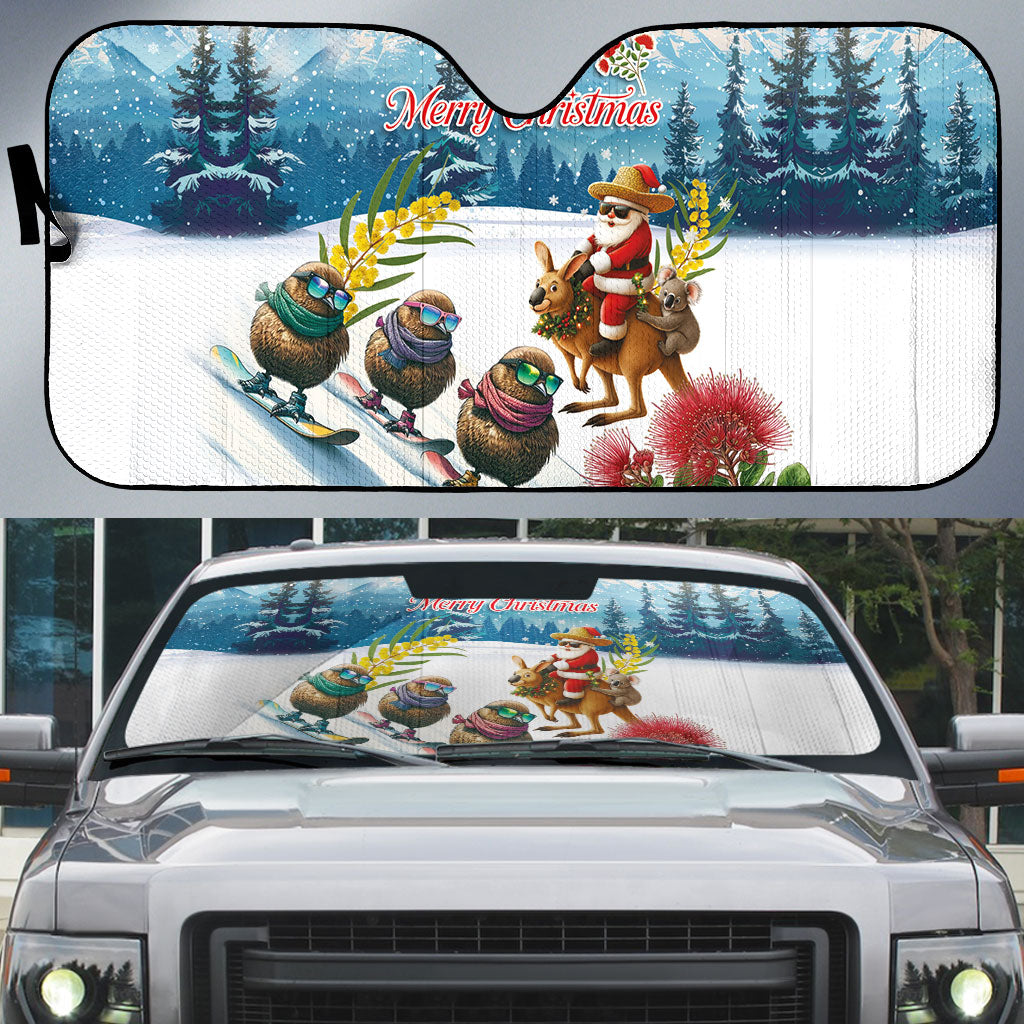 New Zealand and Australia Merry Christmas Auto Sun Shade Kiwi Birds Skiing and Koala Santa Riding Kangaroo LT03 Multicolor - Polynesian Pride