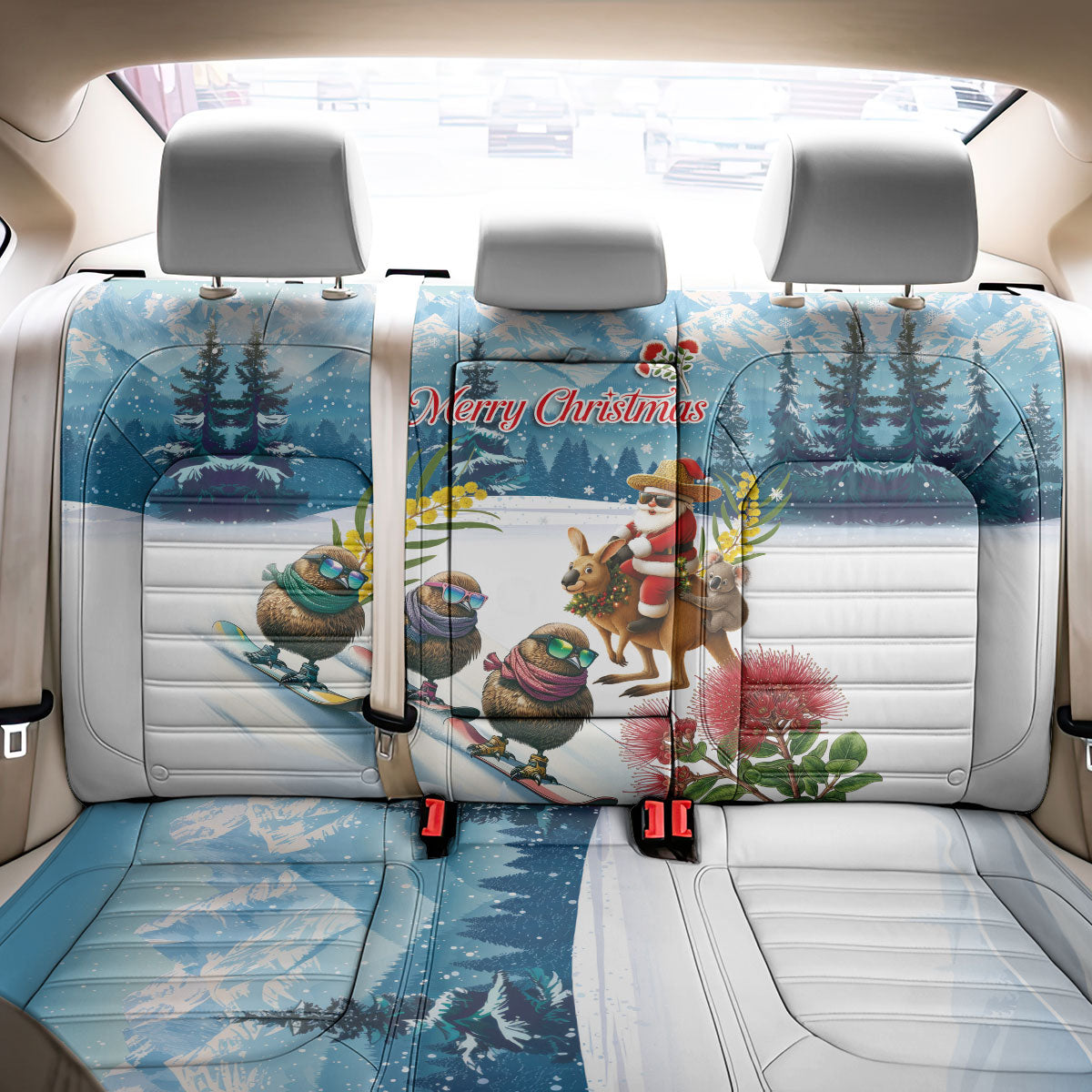 New Zealand and Australia Merry Christmas Back Car Seat Cover Kiwi Birds Skiing and Koala Santa Riding Kangaroo LT03 - Polynesian Pride