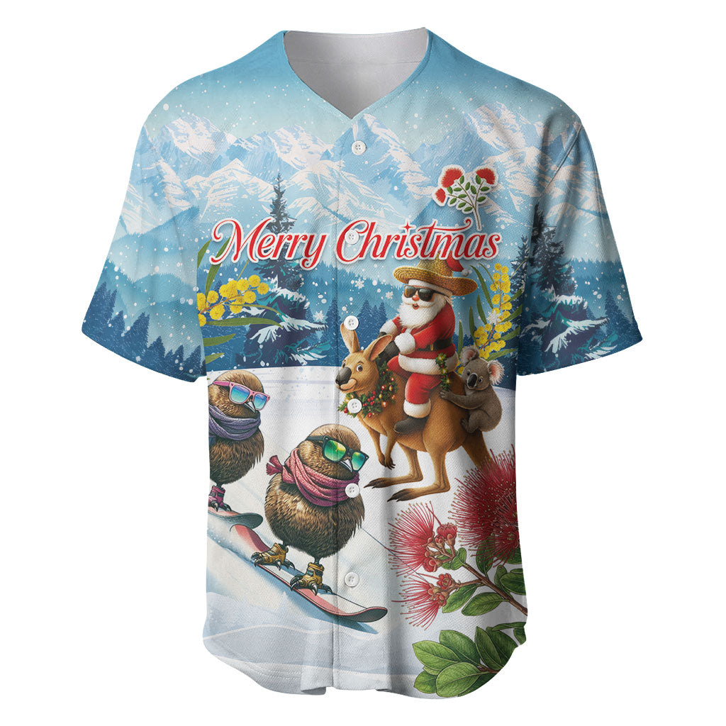 New Zealand and Australia Merry Christmas Baseball Jersey Kiwi Birds Skiing and Koala Santa Riding Kangaroo