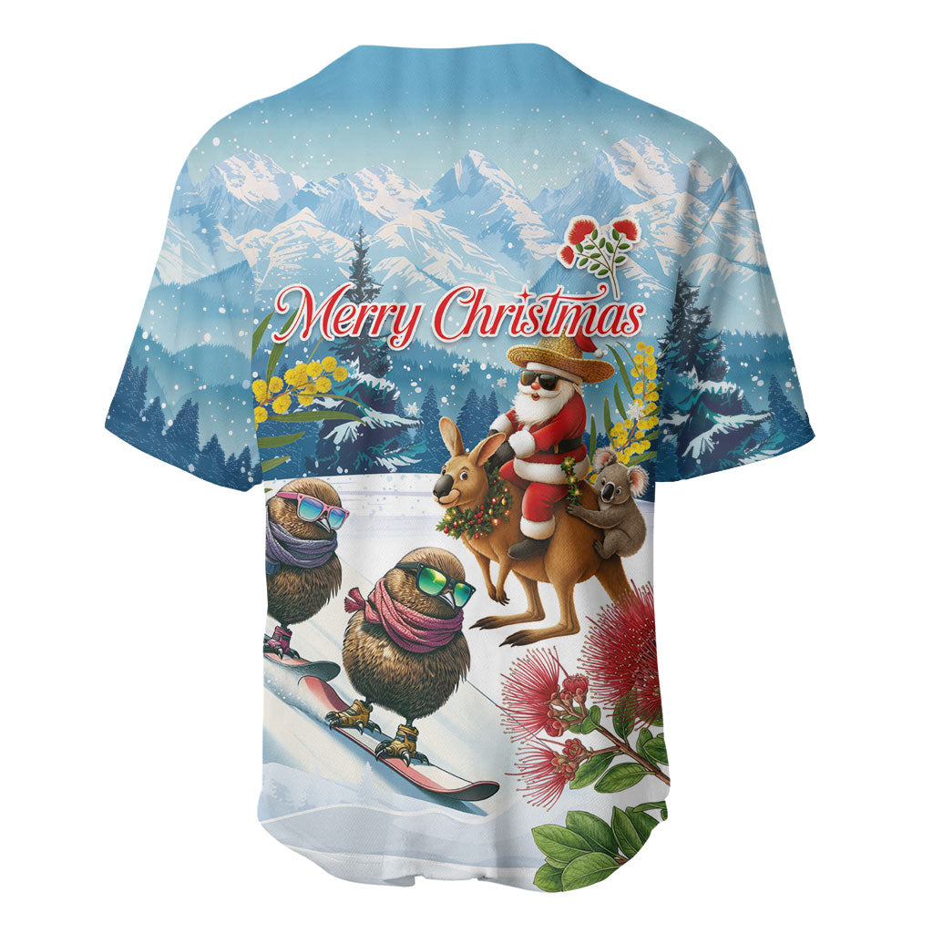 New Zealand and Australia Merry Christmas Baseball Jersey Kiwi Birds Skiing and Koala Santa Riding Kangaroo LT03 - Polynesian Pride