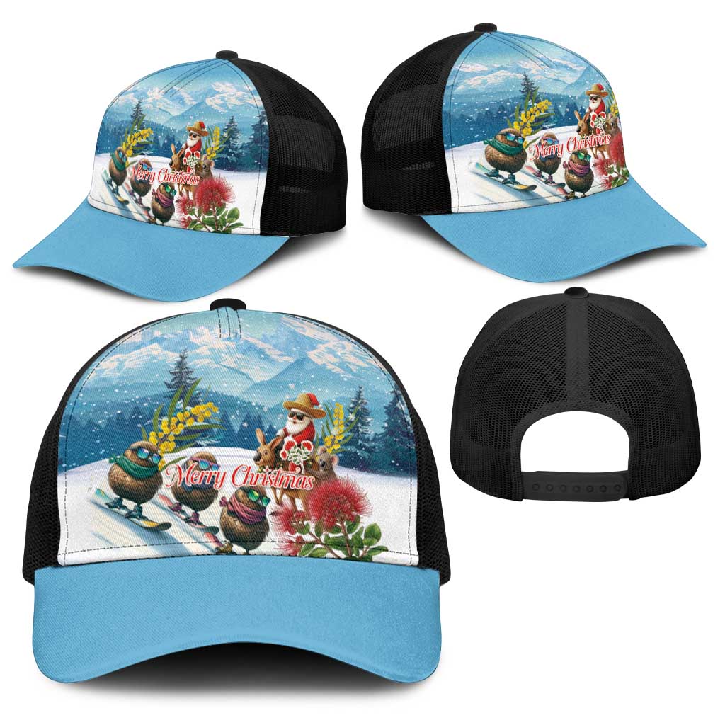 New Zealand and Australia Merry Christmas Baseball Net Cap Kiwi Birds Skiing and Santa Riding Kangaroo with Koala LT03 - Polynesian Pride