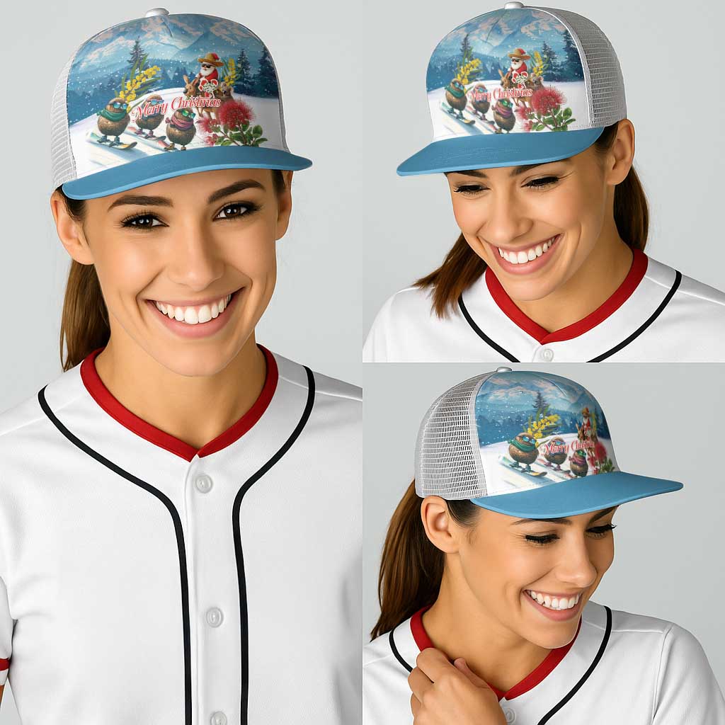 New Zealand and Australia Merry Christmas Baseball Net Cap Kiwi Birds Skiing and Santa Riding Kangaroo with Koala LT03 - Polynesian Pride
