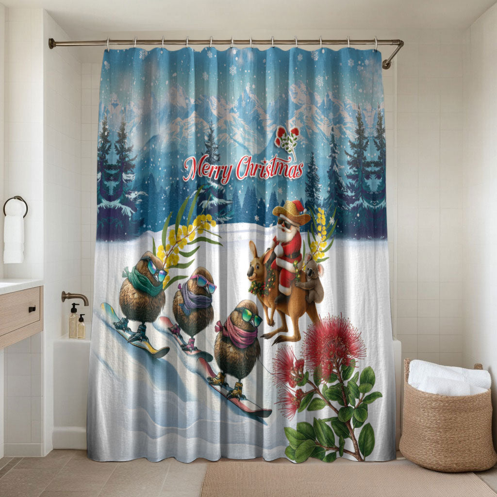 New Zealand and Australia Merry Christmas Bathroom Set Kiwi Birds Skiing and Koala Santa Riding Kangaroo LT03 Shower Curtain Only Multicolor - Polynesian Pride