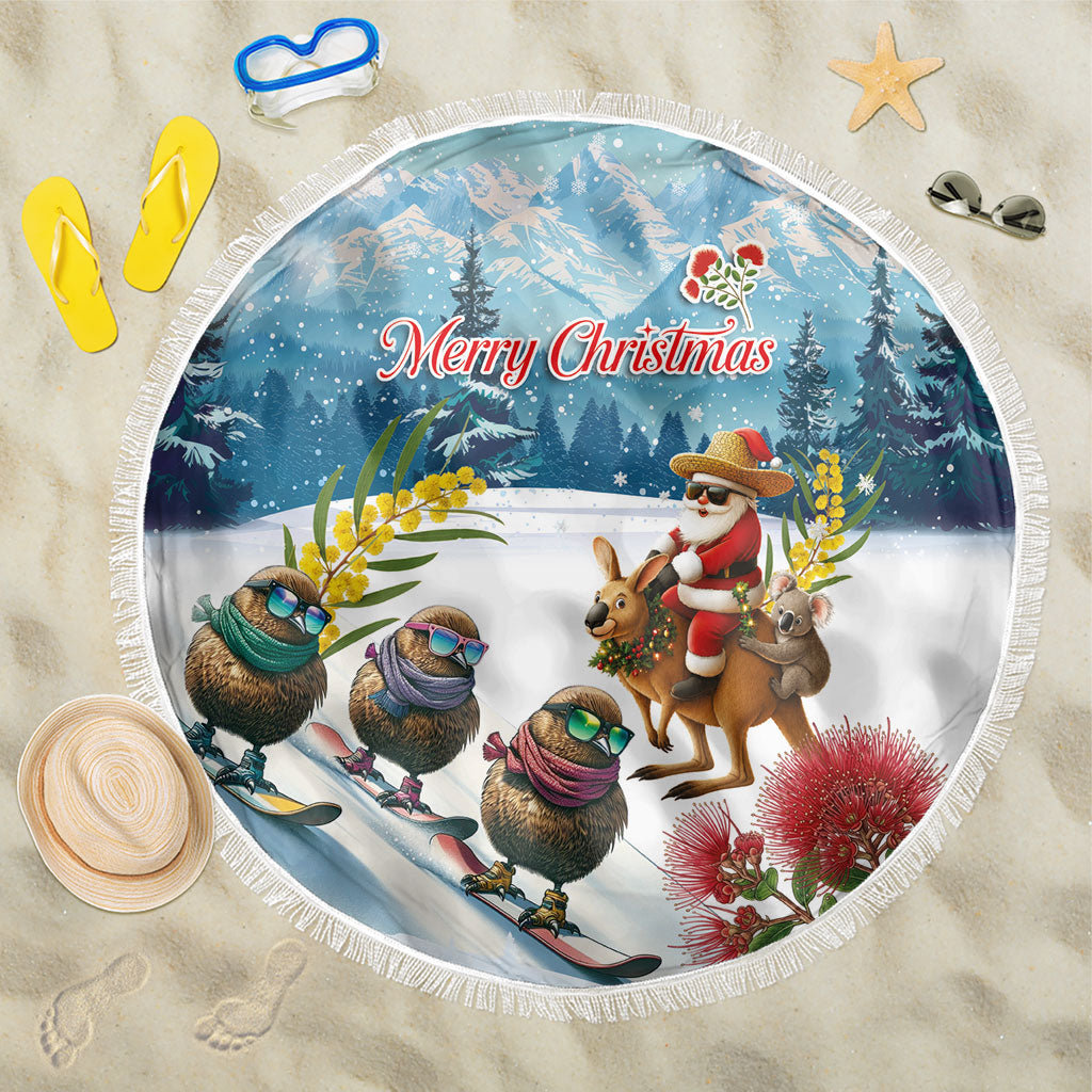 New Zealand and Australia Merry Christmas Beach Blanket Kiwi Birds Skiing and Koala Santa Riding Kangaroo LT03 One Size 150cm Multicolor - Polynesian Pride