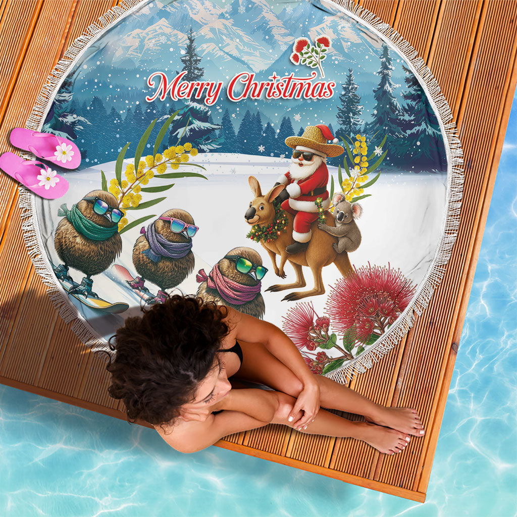 New Zealand and Australia Merry Christmas Beach Blanket Kiwi Birds Skiing and Koala Santa Riding Kangaroo LT03 - Polynesian Pride