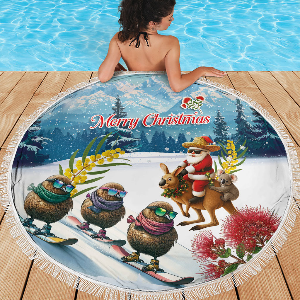 New Zealand and Australia Merry Christmas Beach Blanket Kiwi Birds Skiing and Koala Santa Riding Kangaroo LT03 - Polynesian Pride