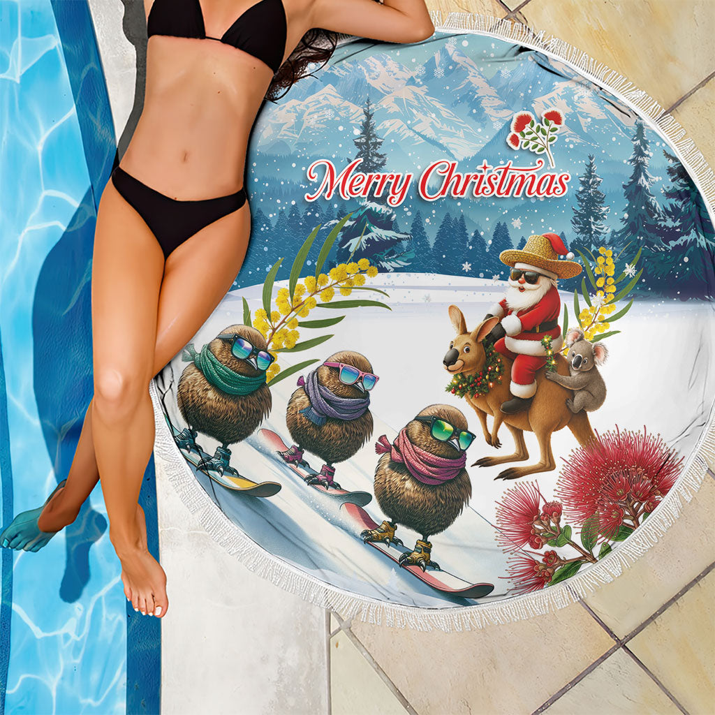 New Zealand and Australia Merry Christmas Beach Blanket Kiwi Birds Skiing and Koala Santa Riding Kangaroo LT03 - Polynesian Pride