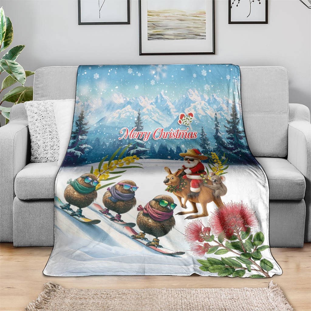 New Zealand and Australia Merry Christmas Blanket Kiwi Birds Skiing and Koala Santa Riding Kangaroo LT03 - Polynesian Pride