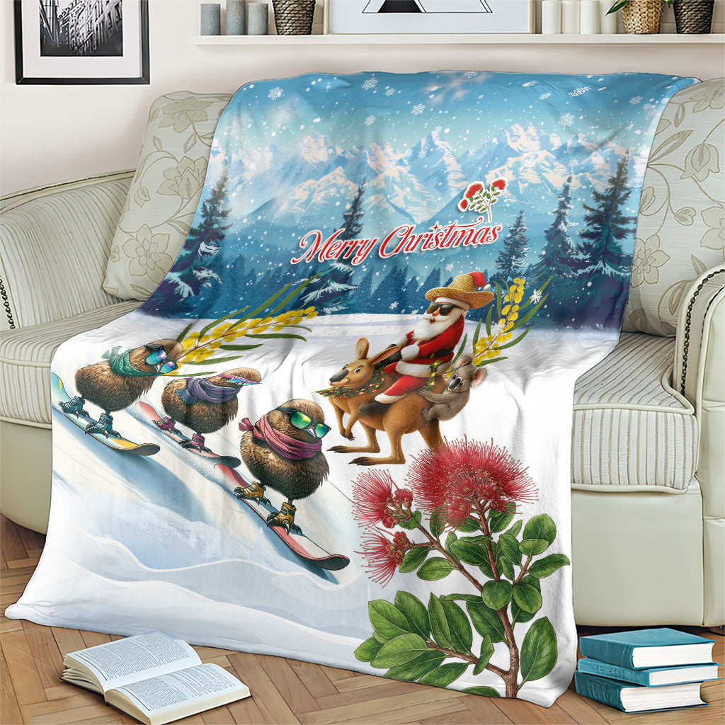 New Zealand and Australia Merry Christmas Blanket Kiwi Birds Skiing and Koala Santa Riding Kangaroo LT03 - Polynesian Pride