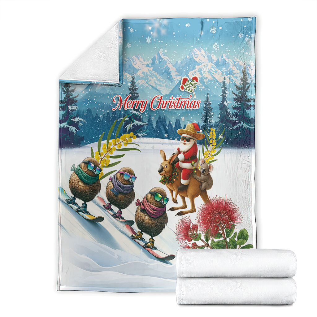 New Zealand and Australia Merry Christmas Blanket Kiwi Birds Skiing and Koala Santa Riding Kangaroo LT03 - Polynesian Pride