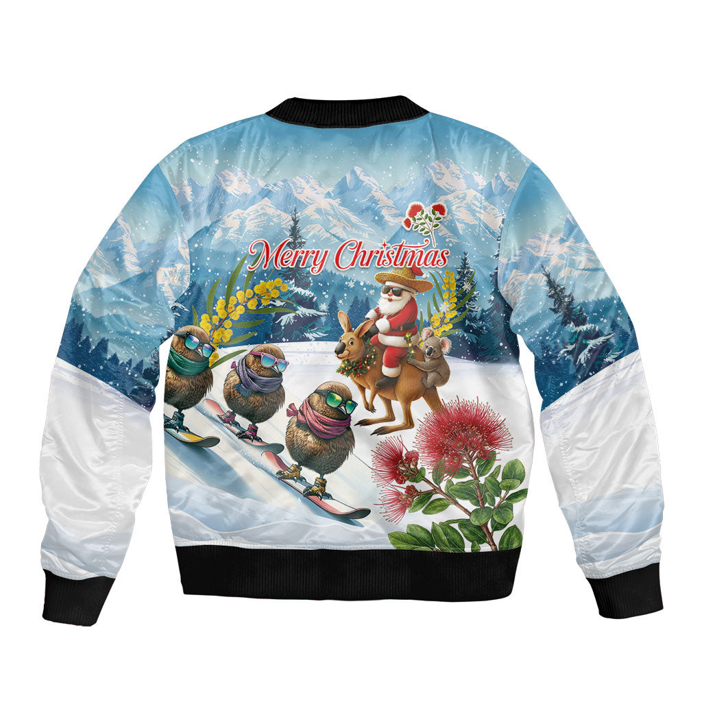 New Zealand and Australia Merry Christmas Bomber Jacket Kiwi Birds Skiing and Koala Santa Riding Kangaroo LT03 - Polynesian Pride