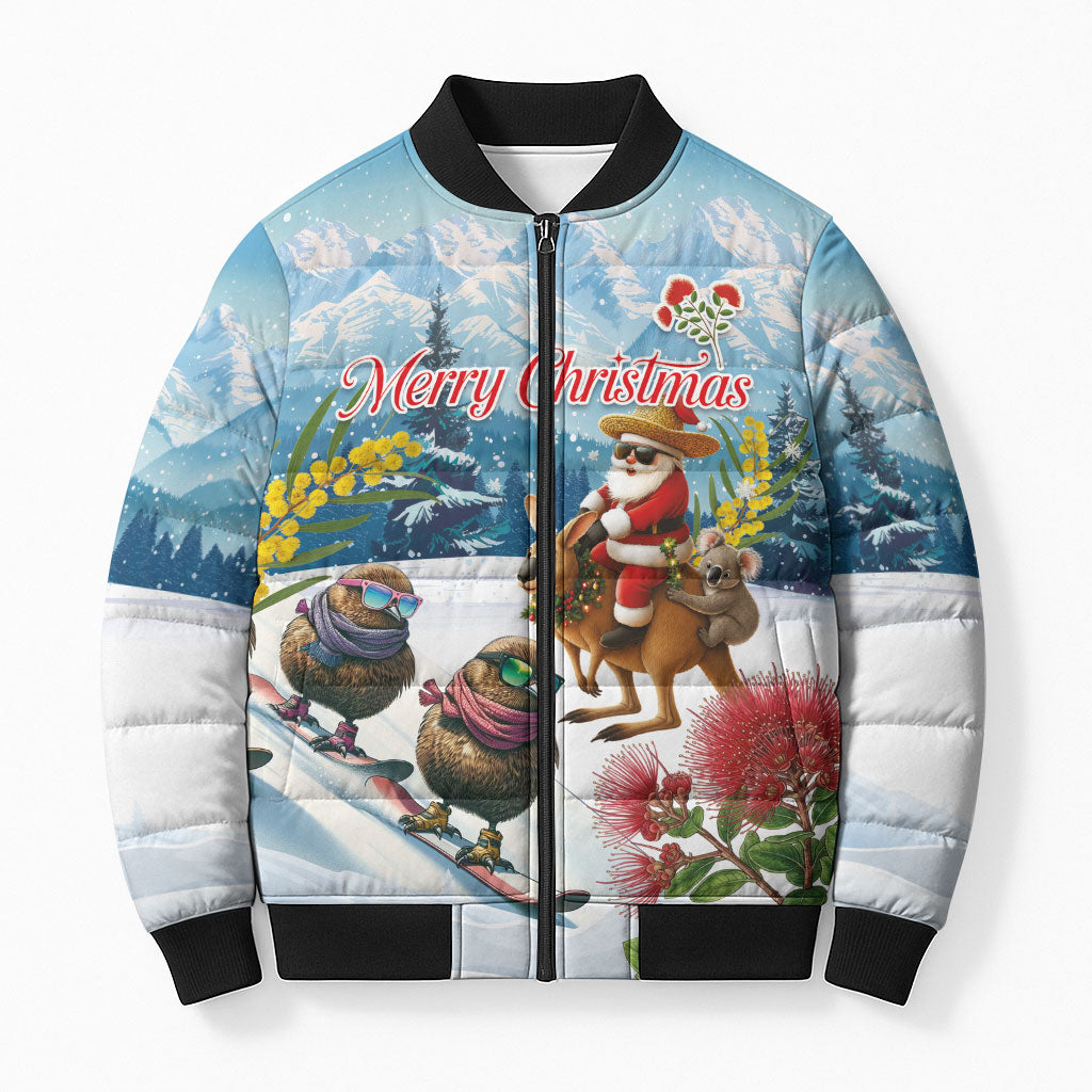 New Zealand and Australia Merry Christmas Bomber Puffer Jacket Kiwi Birds Skiing and Koala Santa Riding Kangaroo