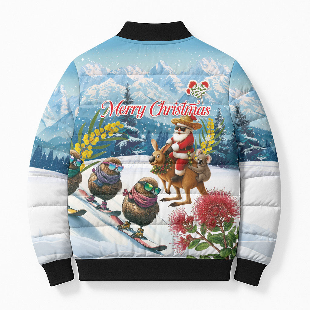 New Zealand and Australia Merry Christmas Bomber Puffer Jacket Kiwi Birds Skiing and Koala Santa Riding Kangaroo LT03 - Polynesian Pride