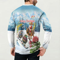 New Zealand and Australia Merry Christmas Button Sweatshirt Kiwi Birds Skiing and Koala Santa Riding Kangaroo LT03 - Polynesian Pride