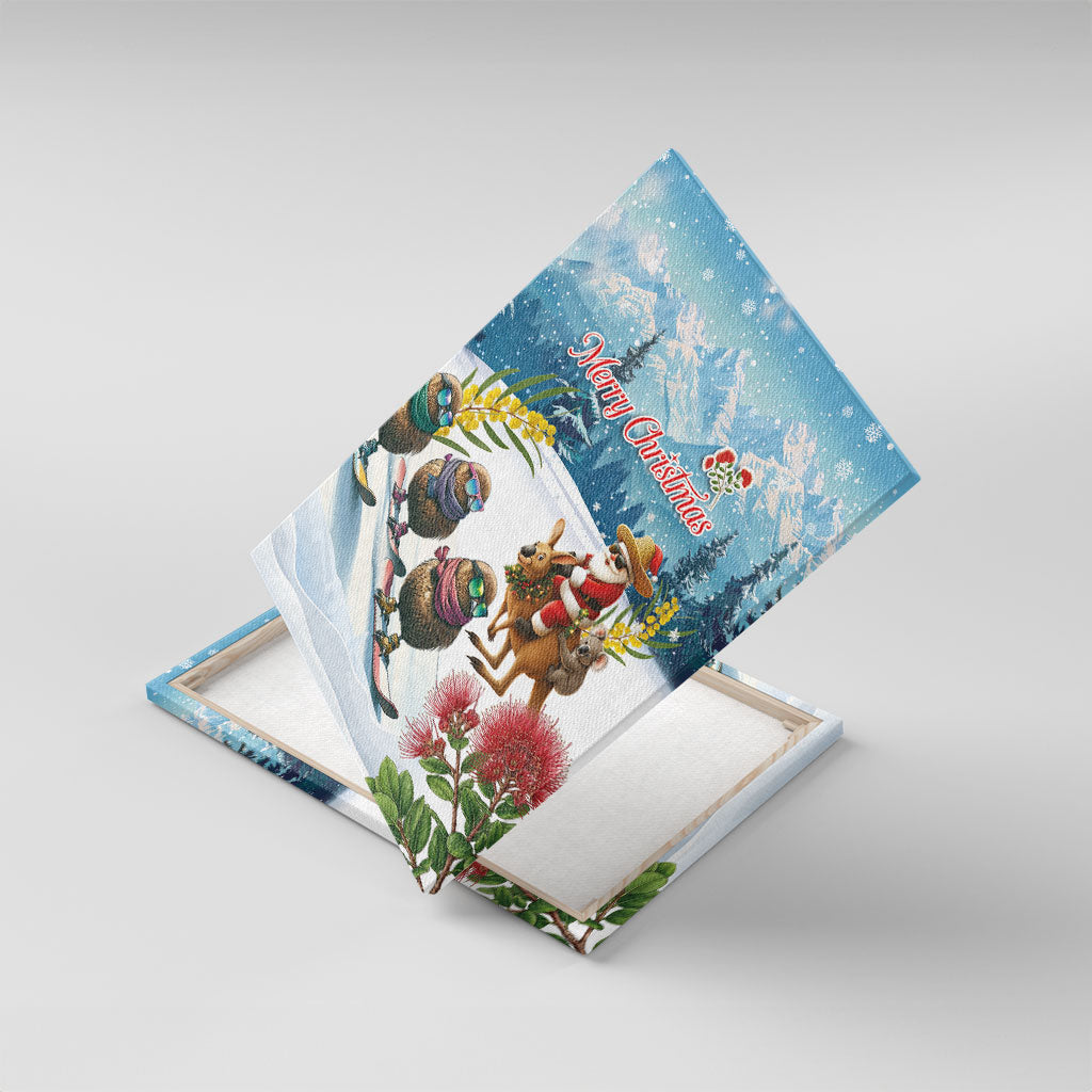 New Zealand and Australia Merry Christmas Canvas Wall Art Kiwi Birds Skiing and Koala Santa Riding Kangaroo LT03 With Frame Multicolor - Polynesian Pride