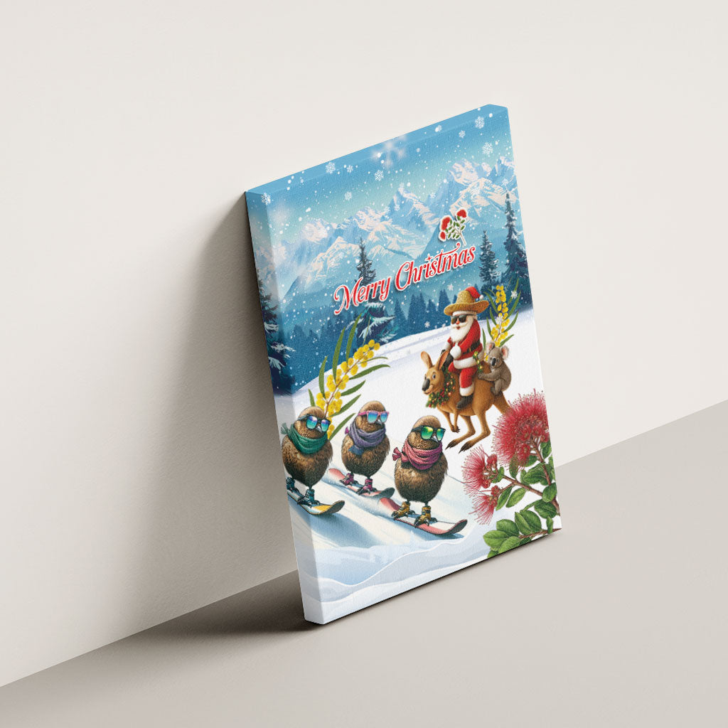 New Zealand and Australia Merry Christmas Canvas Wall Art Kiwi Birds Skiing and Koala Santa Riding Kangaroo LT03 - Polynesian Pride