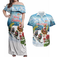New Zealand and Australia Merry Christmas Couples Matching Off Shoulder Maxi Dress and Hawaiian Shirt Kiwi Birds Skiing and Koala Santa Riding Kangaroo LT03 Multicolor - Polynesian Pride
