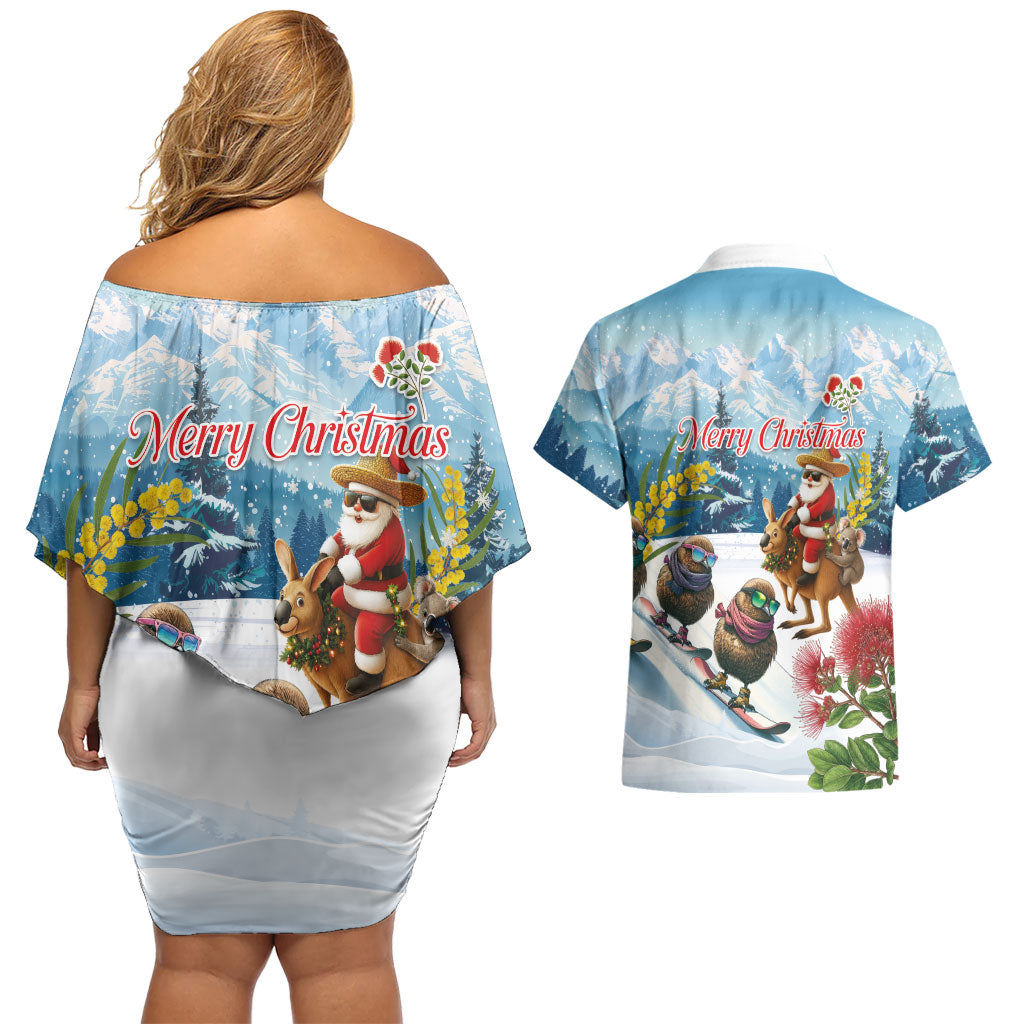 New Zealand and Australia Merry Christmas Couples Matching Off Shoulder Short Dress and Hawaiian Shirt Kiwi Birds Skiing and Koala Santa Riding Kangaroo LT03 - Polynesian Pride