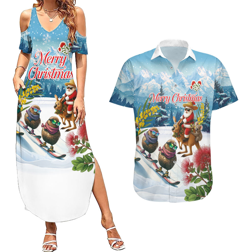 New Zealand and Australia Merry Christmas Couples Matching Summer Maxi Dress and Hawaiian Shirt Kiwi Birds Skiing and Koala Santa Riding Kangaroo