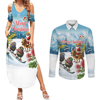 New Zealand and Australia Merry Christmas Couples Matching Summer Maxi Dress and Long Sleeve Button Shirt Kiwi Birds Skiing and Koala Santa Riding Kangaroo LT03 Multicolor - Polynesian Pride