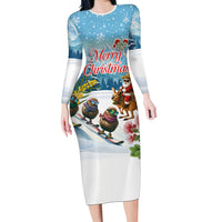 New Zealand and Australia Merry Christmas Family Matching Long Sleeve Bodycon Dress and Hawaiian Shirt Kiwi Birds Skiing and Koala Santa Riding Kangaroo LT03 Mom's Dress Multicolor - Polynesian Pride
