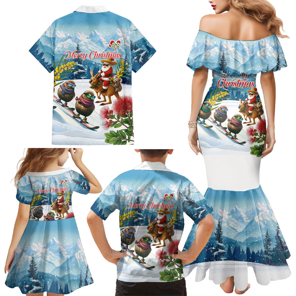 New Zealand and Australia Merry Christmas Family Matching Mermaid Dress and Hawaiian Shirt Kiwi Birds Skiing and Koala Santa Riding Kangaroo LT03 - Polynesian Pride