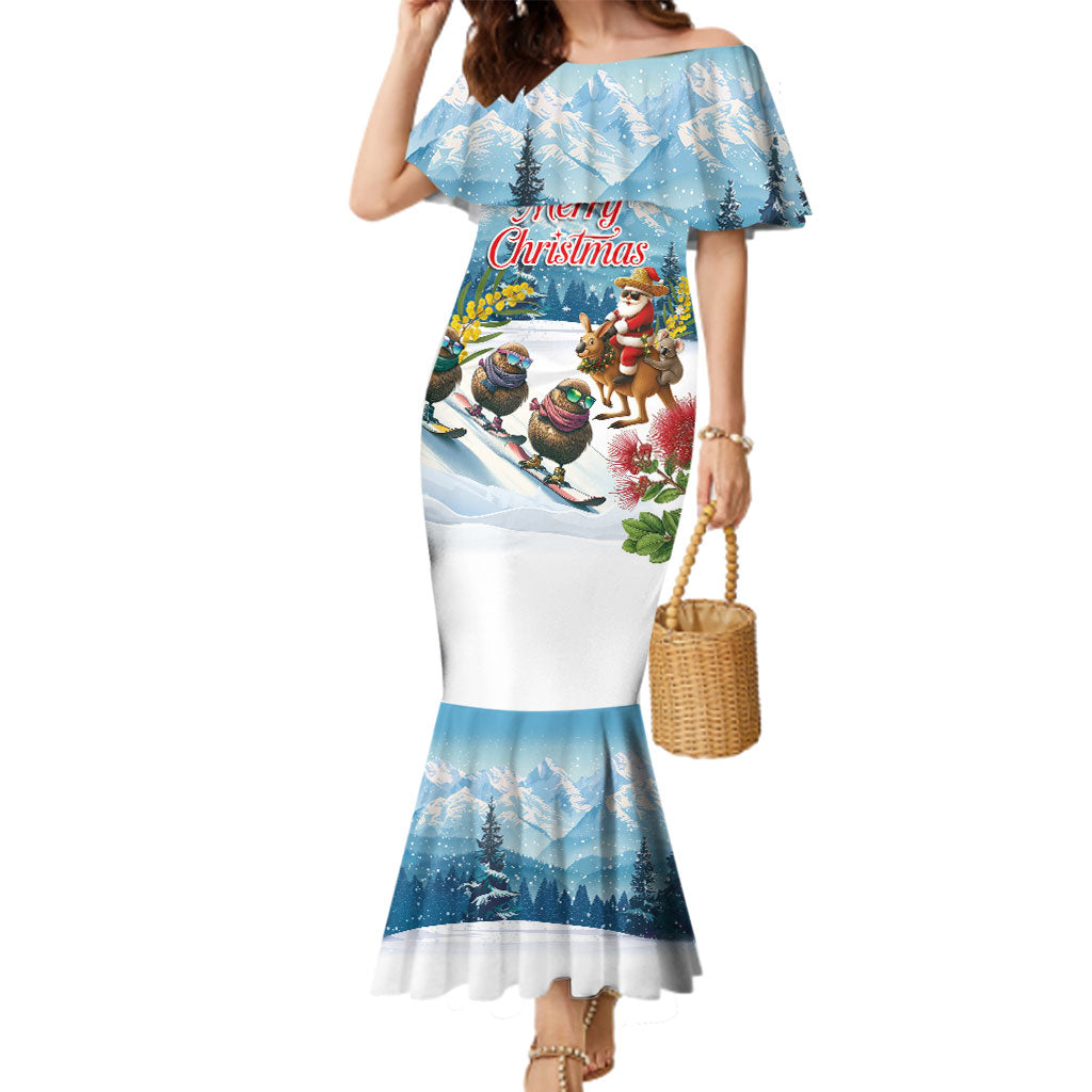 New Zealand and Australia Merry Christmas Family Matching Mermaid Dress and Hawaiian Shirt Kiwi Birds Skiing and Koala Santa Riding Kangaroo LT03 Mom's Dress Multicolor - Polynesian Pride