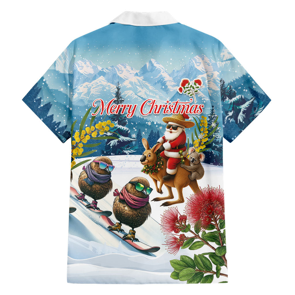 New Zealand and Australia Merry Christmas Family Matching Off Shoulder Maxi Dress and Hawaiian Shirt Kiwi Birds Skiing and Koala Santa Riding Kangaroo LT03 - Polynesian Pride