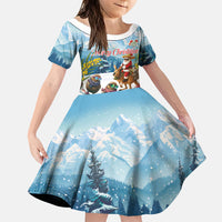 New Zealand and Australia Merry Christmas Family Matching Off Shoulder Short Dress and Hawaiian Shirt Kiwi Birds Skiing and Koala Santa Riding Kangaroo LT03 Daughter's Dress Multicolor - Polynesian Pride