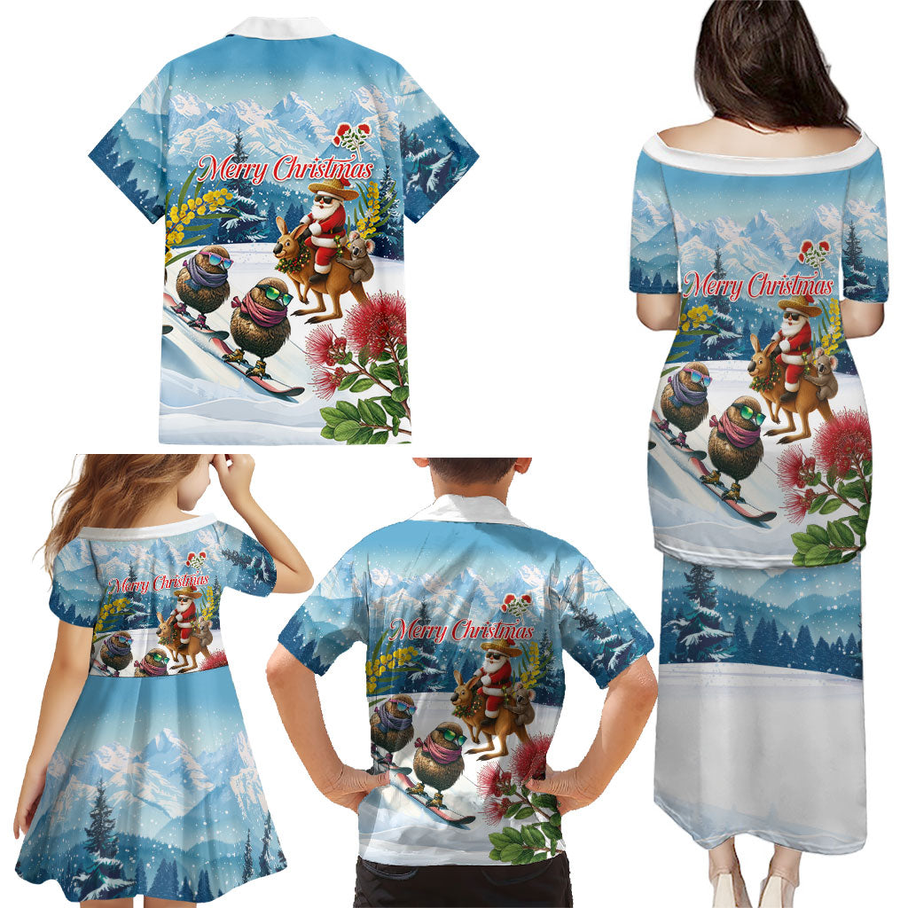 New Zealand and Australia Merry Christmas Family Matching Puletasi and Hawaiian Shirt Kiwi Birds Skiing and Koala Santa Riding Kangaroo LT03 - Polynesian Pride