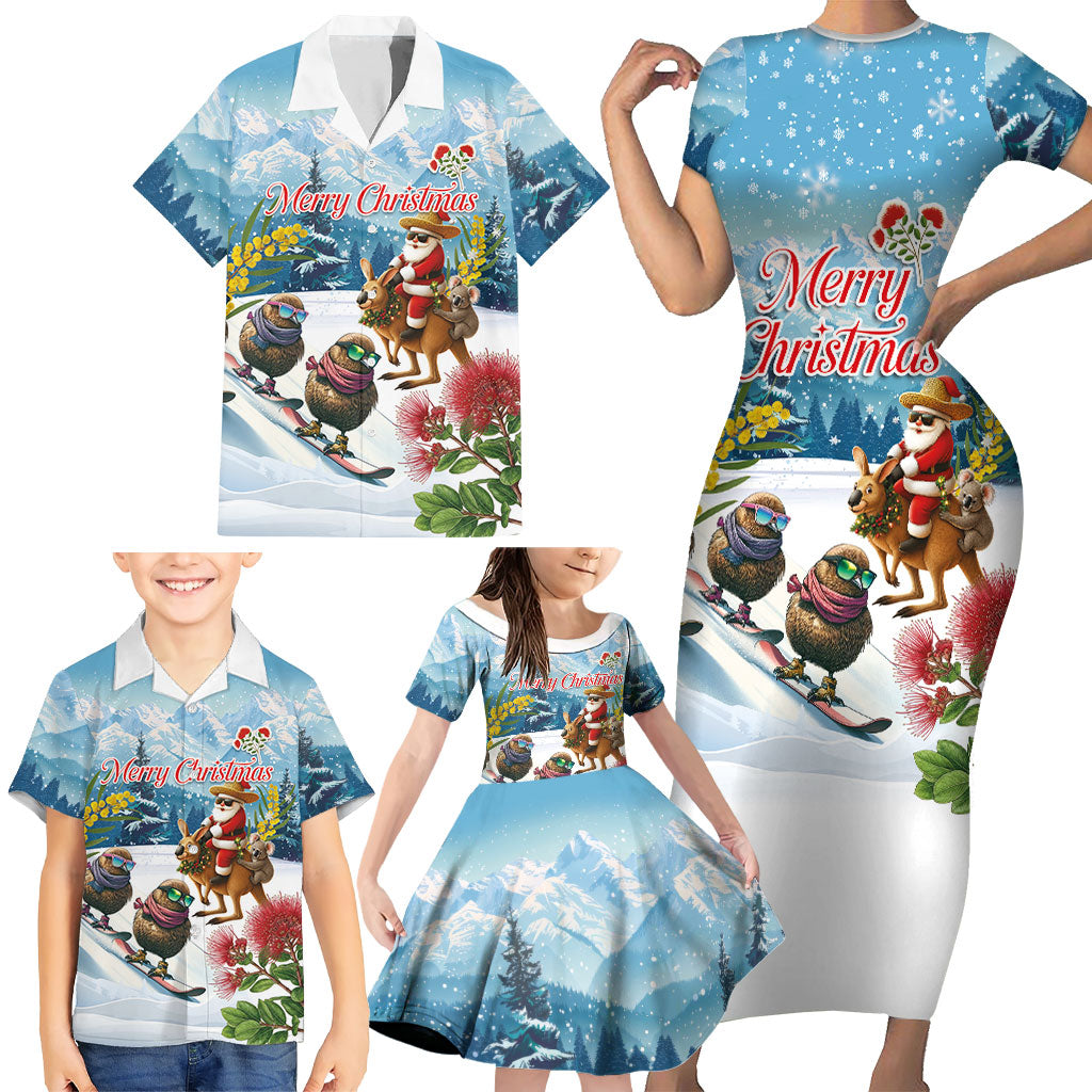 New Zealand and Australia Merry Christmas Family Matching Short Sleeve Bodycon Dress and Hawaiian Shirt Kiwi Birds Skiing and Koala Santa Riding Kangaroo LT03 - Polynesian Pride