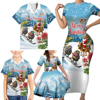 New Zealand and Australia Merry Christmas Family Matching Short Sleeve Bodycon Dress and Hawaiian Shirt Kiwi Birds Skiing and Koala Santa Riding Kangaroo LT03 - Polynesian Pride