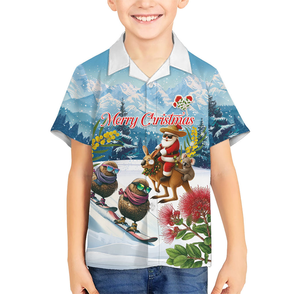 New Zealand and Australia Merry Christmas Family Matching Short Sleeve Bodycon Dress and Hawaiian Shirt Kiwi Birds Skiing and Koala Santa Riding Kangaroo LT03 Son's Shirt Multicolor - Polynesian Pride