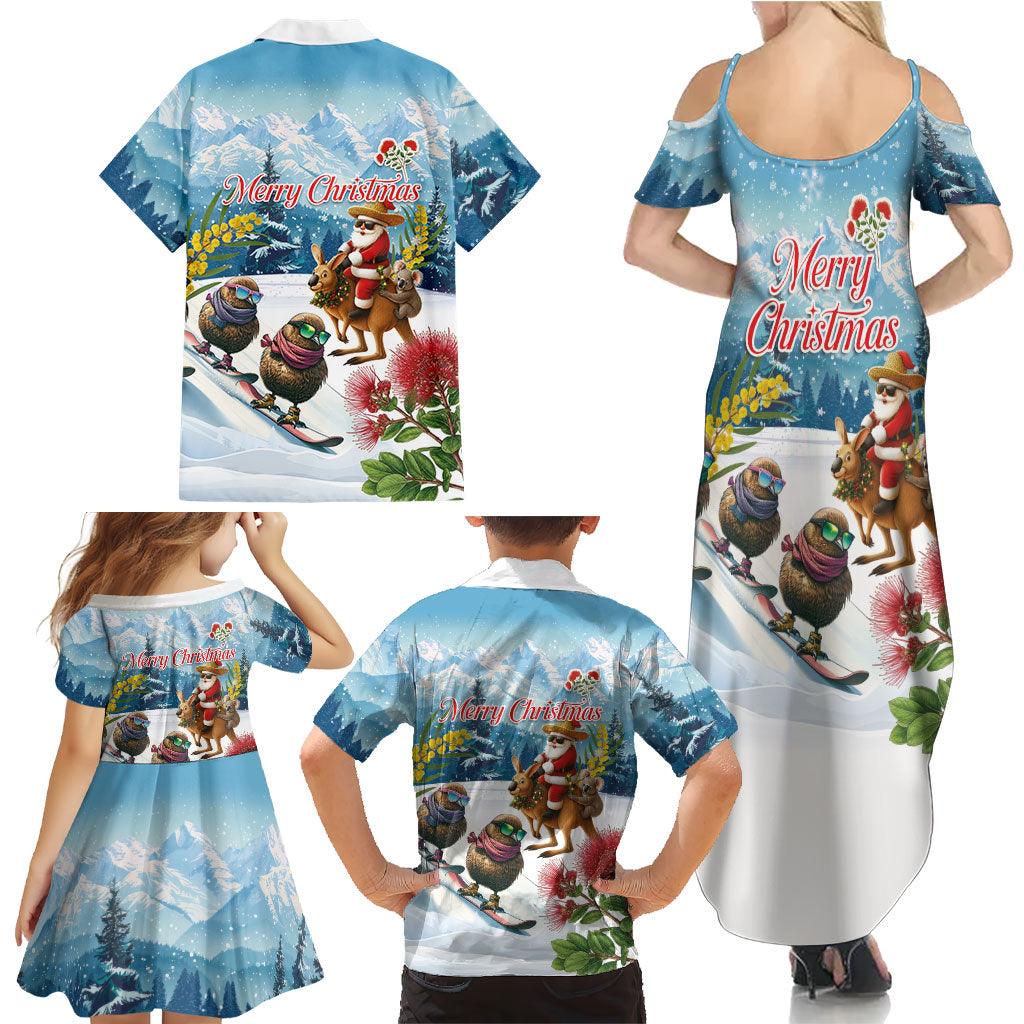 New Zealand and Australia Merry Christmas Family Matching Summer Maxi Dress and Hawaiian Shirt Kiwi Birds Skiing and Koala Santa Riding Kangaroo LT03 - Polynesian Pride