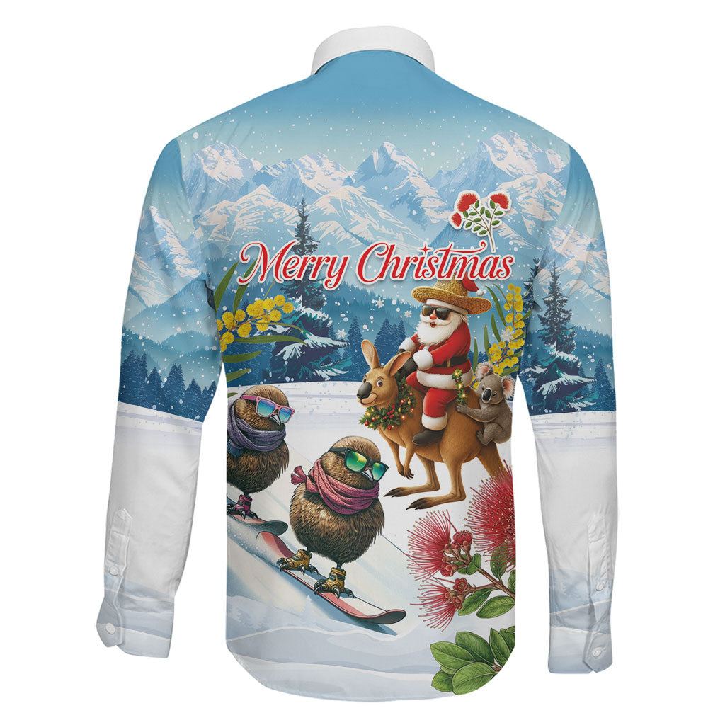 New Zealand and Australia Merry Christmas Family Matching Summer Maxi Dress and Hawaiian Shirt Kiwi Birds Skiing and Koala Santa Riding Kangaroo LT03 - Polynesian Pride